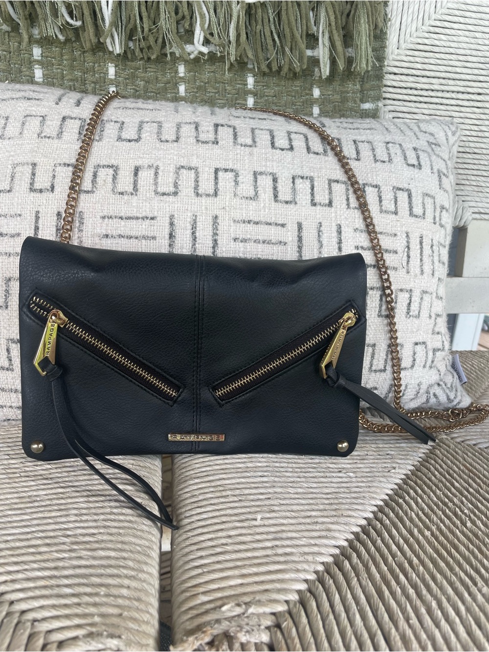 Rampage Black Faux Leather Shoulder Bag with Gold Chain Accents
